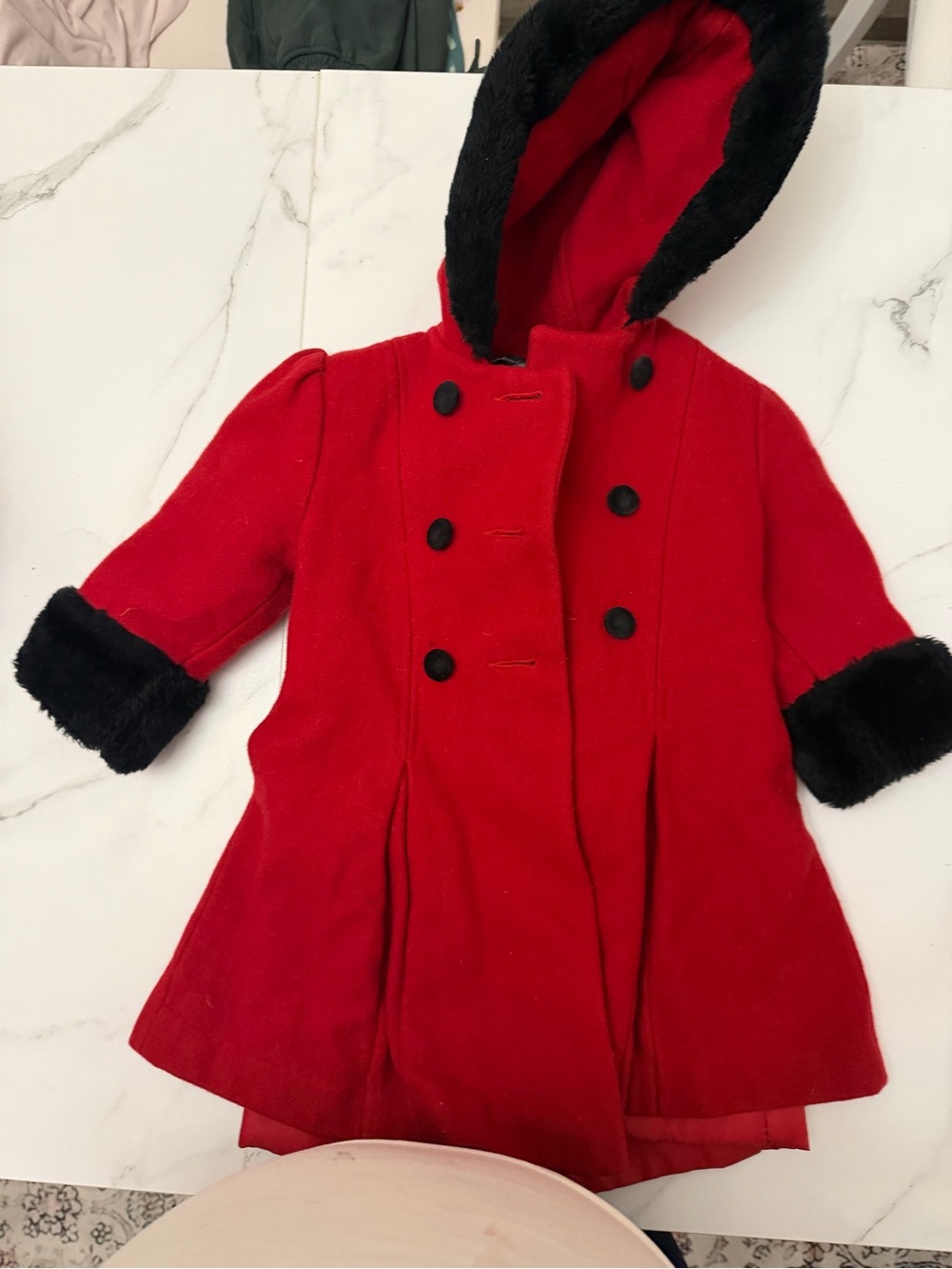 Girls' Red Hooded Double-Breasted Pea Coat with Black Faux-Fur Trim